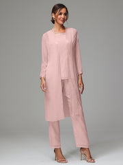 3 Pieces Long Sleeves Chiffon Mother Of The Bride Dress Pants Suits