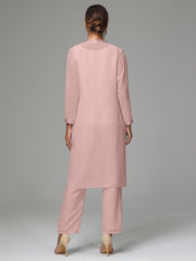 3 Pieces Long Sleeves Chiffon Mother Of The Bride Dress Pants Suits