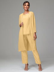 3 Pieces Long Sleeves Chiffon Mother Of The Bride Dress Pants Suits