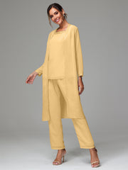 3 Pieces Long Sleeves Chiffon Mother Of The Bride Dress Pants Suits