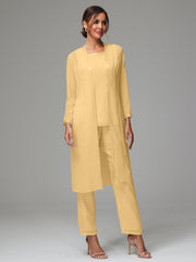 3 Pieces Long Sleeves Chiffon Mother Of The Bride Dress Pants Suits