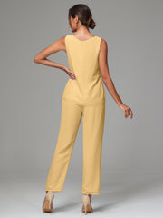 3 Pieces Long Sleeves Chiffon Mother Of The Bride Dress Pants Suits