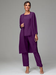 3 Pieces Long Sleeves Chiffon Mother Of The Bride Dress Pants Suits