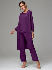 3 Pieces Long Sleeves Chiffon Mother Of The Bride Dress Pants Suits