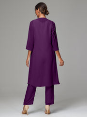 3 Pieces Long Sleeves Chiffon Mother Of The Bride Dress Pants Suits