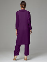 3 Pieces Long Sleeves Chiffon Mother Of The Bride Dress Pants Suits