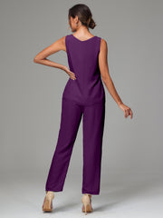 3 Pieces Long Sleeves Chiffon Mother Of The Bride Dress Pants Suits