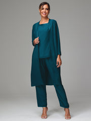 3 Pieces Long Sleeves Chiffon Mother Of The Bride Dress Pants Suits
