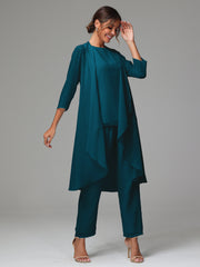 3 Pieces Long Sleeves Chiffon Mother Of The Bride Dress Pants Suits