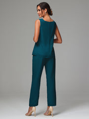 3 Pieces Long Sleeves Chiffon Mother Of The Bride Dress Pants Suits