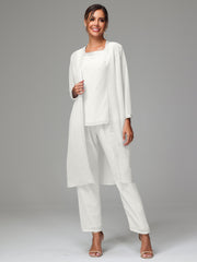 3 Pieces Long Sleeves Chiffon Mother Of The Bride Dress Pants Suits