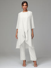 3 Pieces Long Sleeves Chiffon Mother Of The Bride Dress Pants Suits