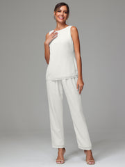 3 Pieces Long Sleeves Chiffon Mother Of The Bride Dress Pants Suits