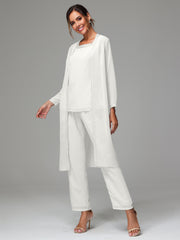 3 Pieces Long Sleeves Chiffon Mother Of The Bride Dress Pants Suits