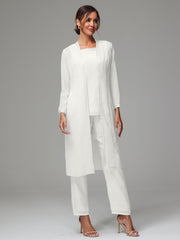 3 Pieces Long Sleeves Chiffon Mother Of The Bride Dress Pants Suits