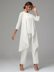 3 Pieces Long Sleeves Chiffon Mother Of The Bride Dress Pants Suits