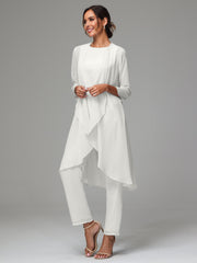 3 Pieces Long Sleeves Chiffon Mother Of The Bride Dress Pants Suits