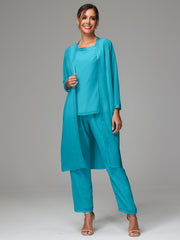 3 Pieces Long Sleeves Chiffon Mother Of The Bride Dress Pants Suits