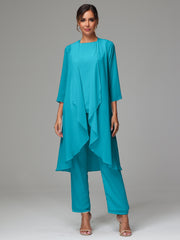 3 Pieces Long Sleeves Chiffon Mother Of The Bride Dress Pants Suits