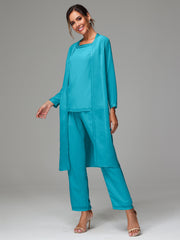 3 Pieces Long Sleeves Chiffon Mother Of The Bride Dress Pants Suits