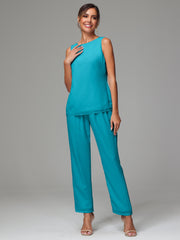 3 Pieces Long Sleeves Chiffon Mother Of The Bride Dress Pants Suits