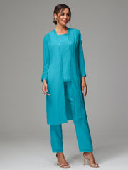 3 Pieces Long Sleeves Chiffon Mother Of The Bride Dress Pants Suits
