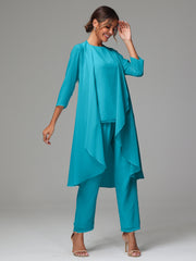 3 Pieces Long Sleeves Chiffon Mother Of The Bride Dress Pants Suits