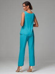 3 Pieces Long Sleeves Chiffon Mother Of The Bride Dress Pants Suits