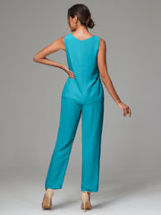 3 Pieces Long Sleeves Chiffon Mother Of The Bride Dress Pants Suits