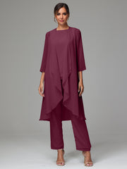 3 Pieces Long Sleeves Chiffon Mother Of The Bride Dress Pants Suits
