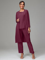3 Pieces Long Sleeves Chiffon Mother Of The Bride Dress Pants Suits
