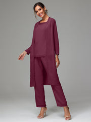 3 Pieces Long Sleeves Chiffon Mother Of The Bride Dress Pants Suits