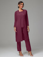 3 Pieces Long Sleeves Chiffon Mother Of The Bride Dress Pants Suits