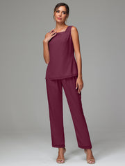 3 Pieces Long Sleeves Chiffon Mother Of The Bride Dress Pants Suits