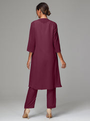 3 Pieces Long Sleeves Chiffon Mother Of The Bride Dress Pants Suits