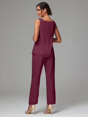 3 Pieces Long Sleeves Chiffon Mother Of The Bride Dress Pants Suits