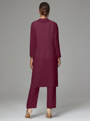 3 Pieces Long Sleeves Chiffon Mother Of The Bride Dress Pants Suits