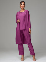 3 Pieces Long Sleeves Chiffon Mother Of The Bride Dress Pants Suits