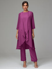 3 Pieces Long Sleeves Chiffon Mother Of The Bride Dress Pants Suits