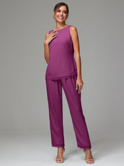 3 Pieces Long Sleeves Chiffon Mother Of The Bride Dress Pants Suits