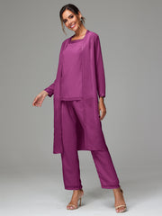 3 Pieces Long Sleeves Chiffon Mother Of The Bride Dress Pants Suits