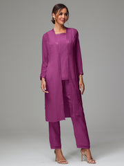 3 Pieces Long Sleeves Chiffon Mother Of The Bride Dress Pants Suits