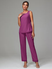 3 Pieces Long Sleeves Chiffon Mother Of The Bride Dress Pants Suits