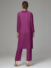 3 Pieces Long Sleeves Chiffon Mother Of The Bride Dress Pants Suits