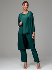 3 Pieces Long Sleeves Chiffon Mother Of The Bride Dress Pants Suits