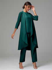 3 Pieces Long Sleeves Chiffon Mother Of The Bride Dress Pants Suits
