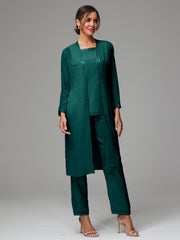 3 Pieces Long Sleeves Chiffon Mother Of The Bride Dress Pants Suits