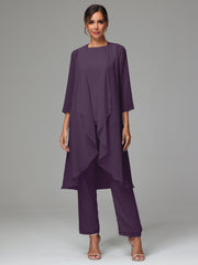3 Pieces Long Sleeves Chiffon Mother Of The Bride Dress Pants Suits
