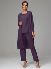 3 Pieces Long Sleeves Chiffon Mother Of The Bride Dress Pants Suits