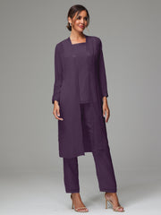 3 Pieces Long Sleeves Chiffon Mother Of The Bride Dress Pants Suits